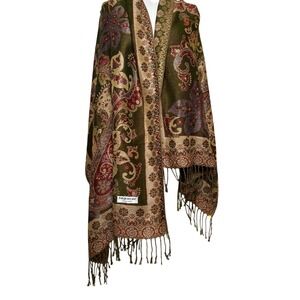 Elegant Pashmina Scarf Shawl Green Red Gold Paisley Floral Fringe